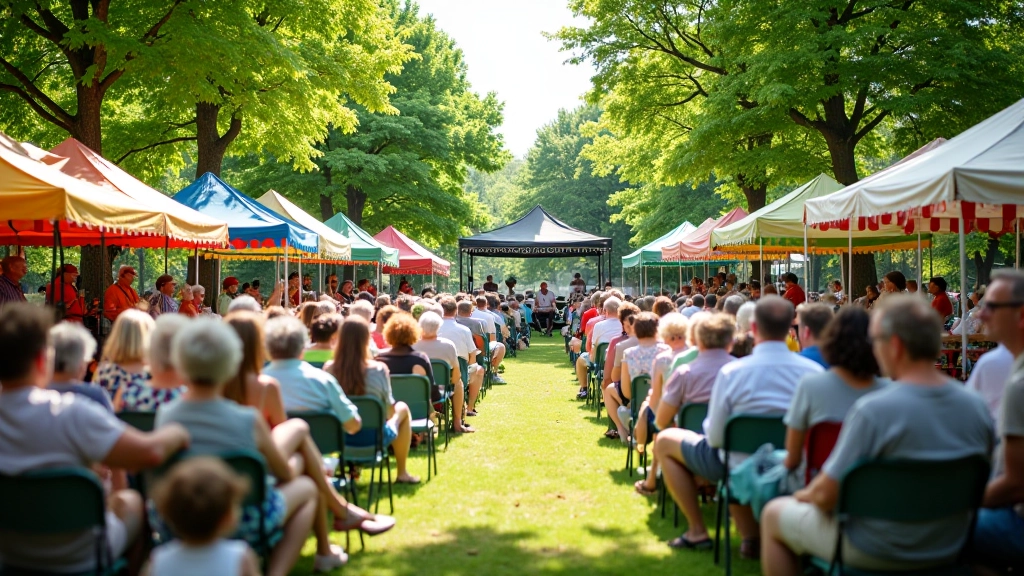 Parku festivāla skatne ar daudzveidīgajiem stendiem, mūzikas skatni un cilvēkiem, kas sēž salās un baudz vasaras dienu